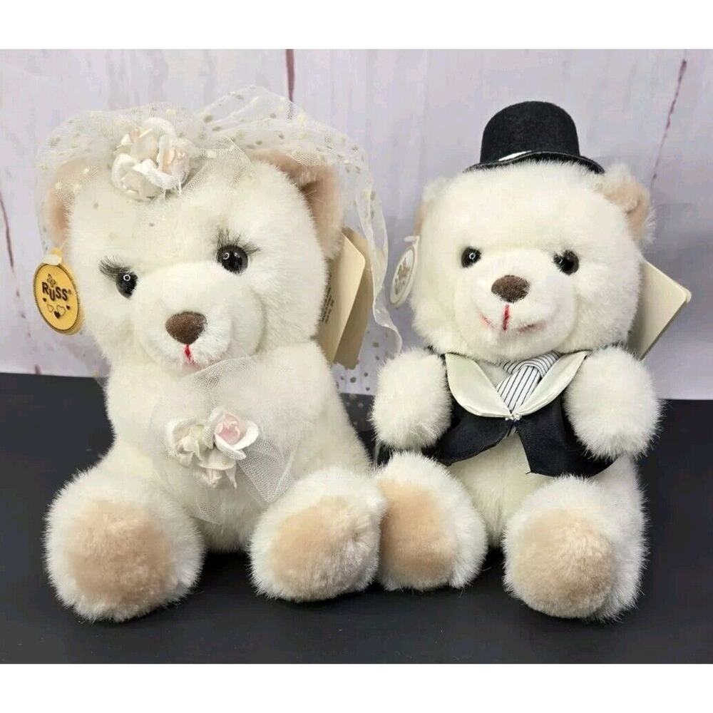Russ Caress Vintage Soft Pets Wedding Teddy Bears Bride and Groom w Tags Plush